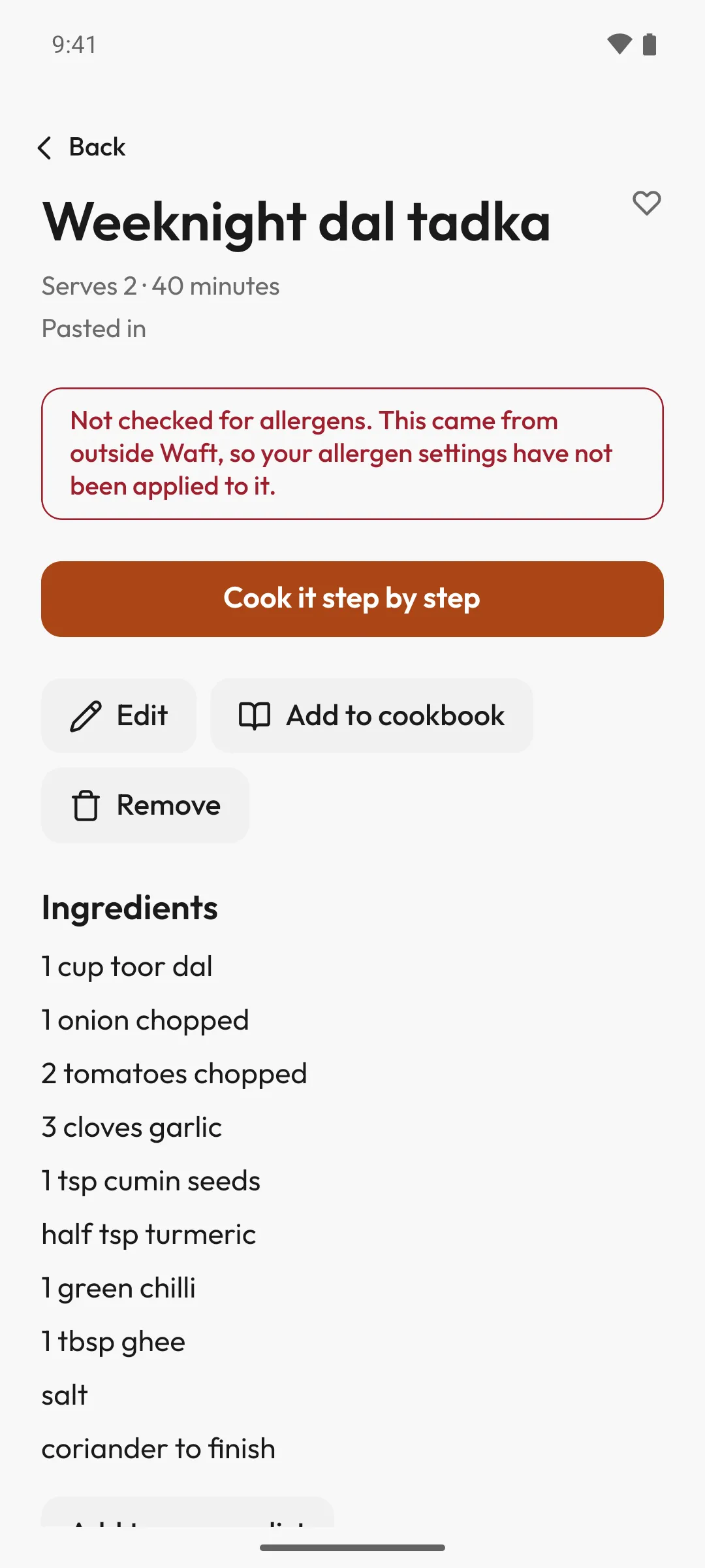 A recipe pasted in from a caption: its name, two servings and 40 minutes, a line saying it is not checked for allergens, a button to cook it step by step, and its ingredients.