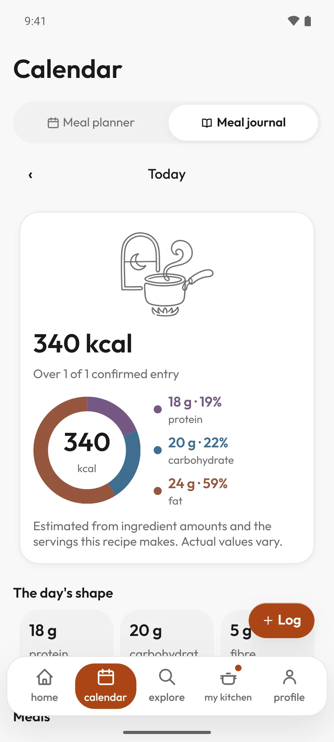 The meal journal for today: 340 kcal over one confirmed entry, an estimated split of protein, carbohydrate and fat, and the day’s shape.