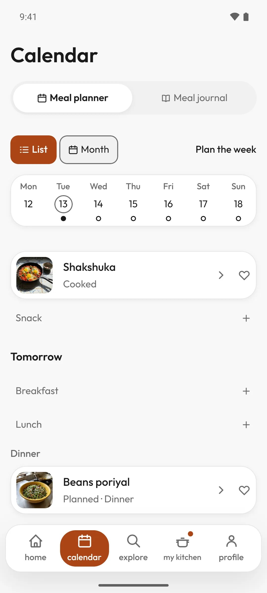 The meal planner: a week strip with every day planned, tonight’s shakshuka cooked, and tomorrow’s dinner planned.